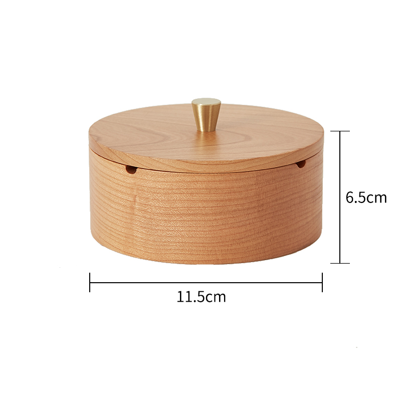Round cherry wood ashtray with side notch cutouts for resting cigarettes