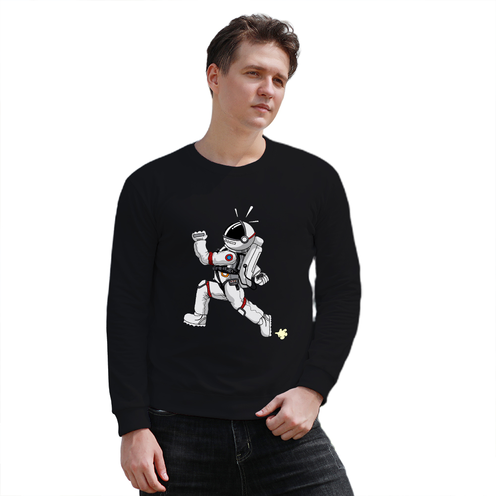 Black cotton long sleeve shirt with astronaut print for men