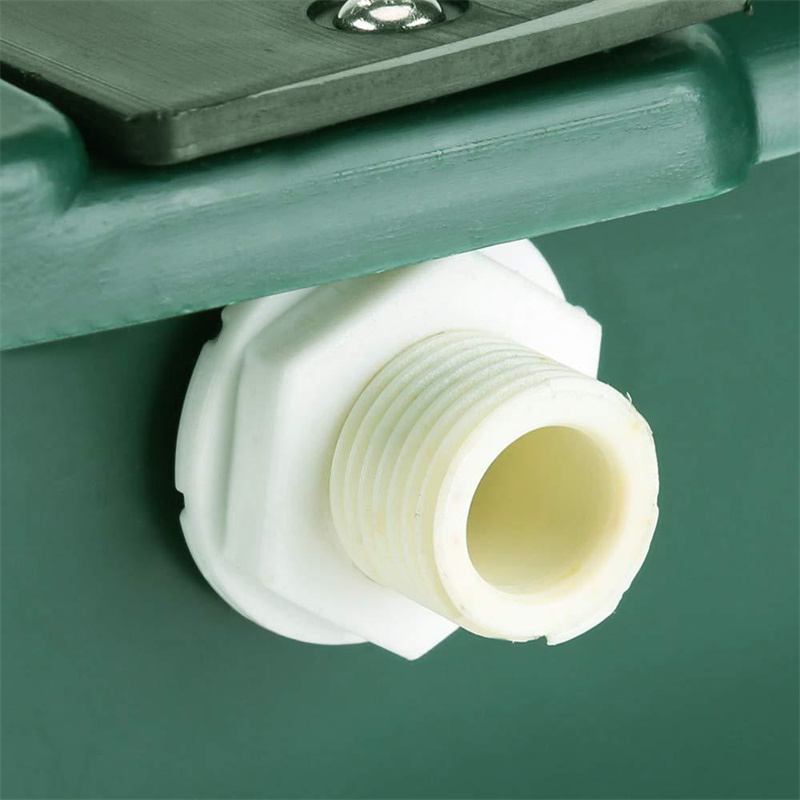 Close-up of threaded side water inlet fitting on green livestock bowl