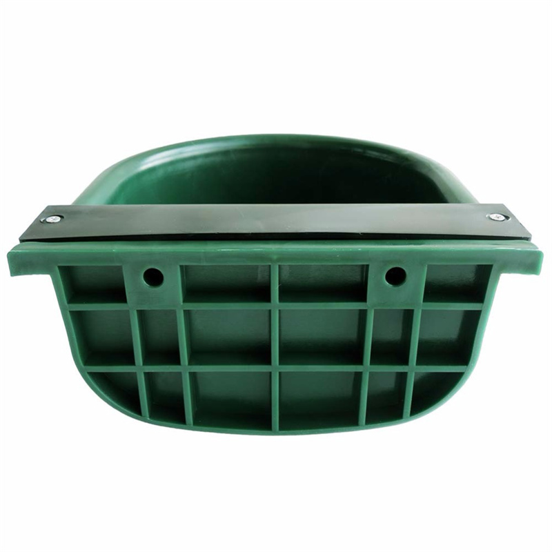 Underside of green water bowl showing ribbed reinforcement and mounting plate