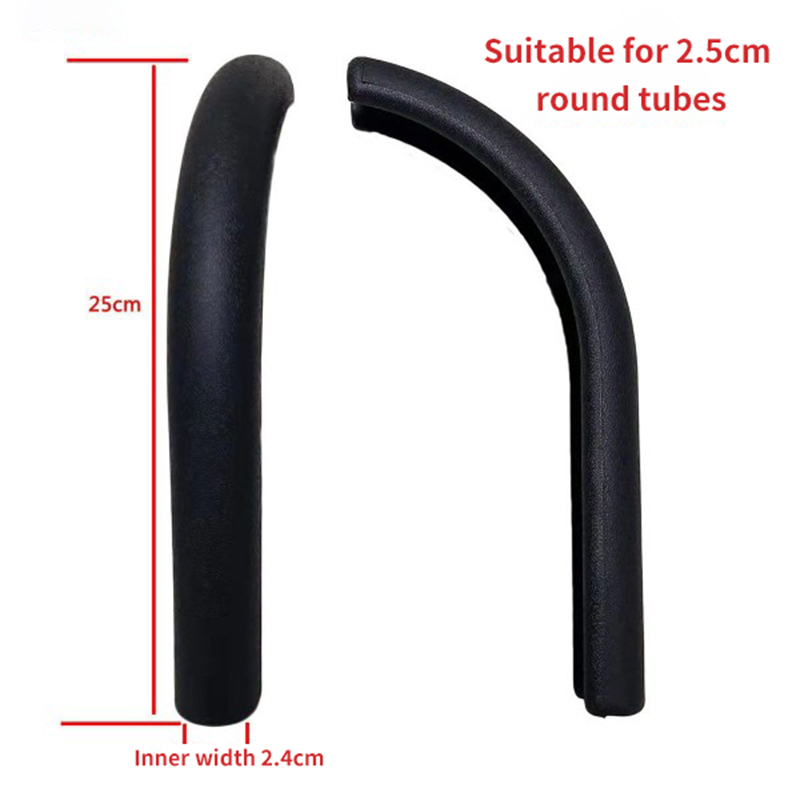 Black plastic armrest cover photographed for comparison with a worn chair pad