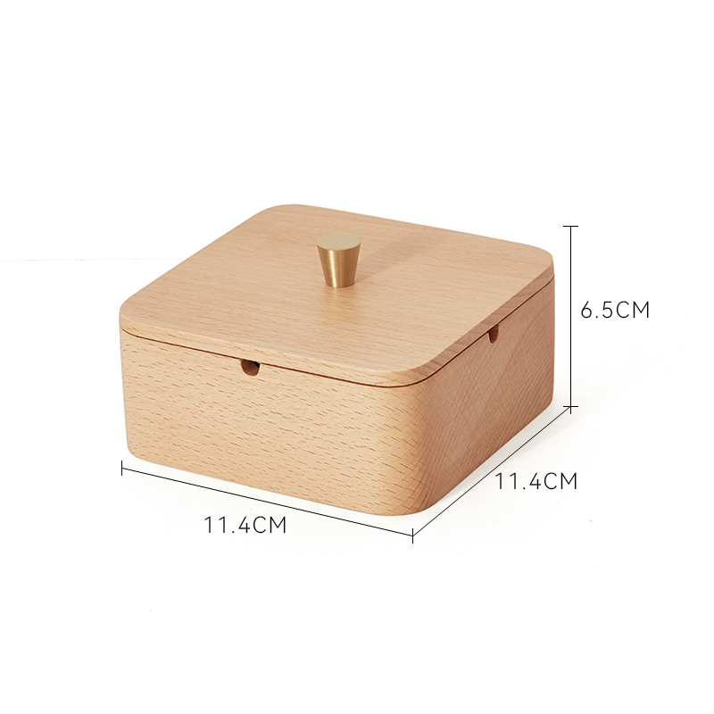 Square natural beech wood ashtray with lid and brass knob, same size