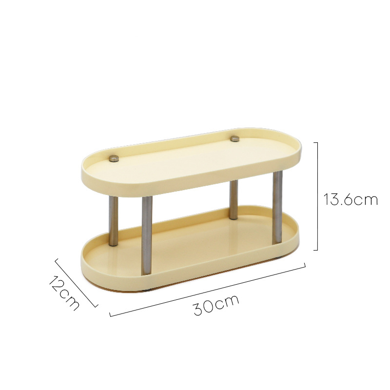 Two-tier oval rack with brushed stainless posts and dimension lines