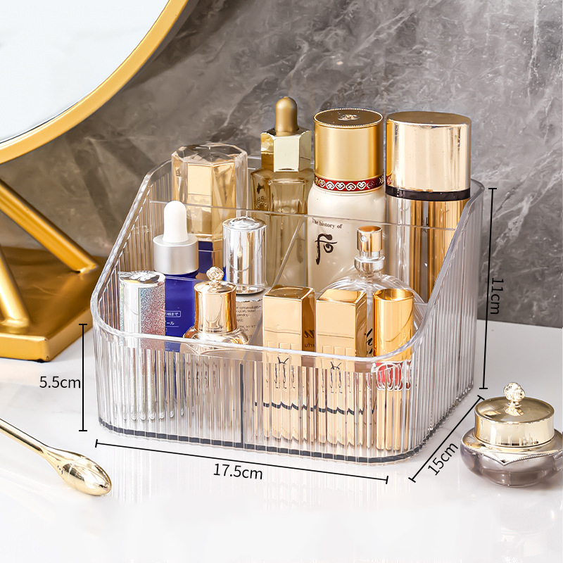 Large clear ribbed organizer with separate compartments for bottles and lipsticks