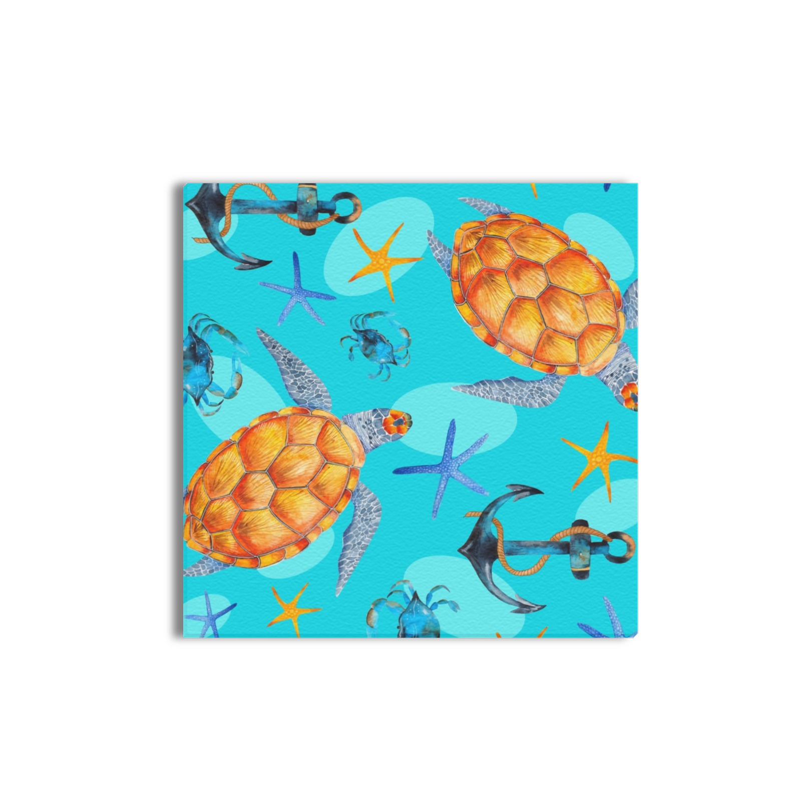 16x16 inch Canvas Print featuring sea turtles, anchors, and starfish pattern for home decor.