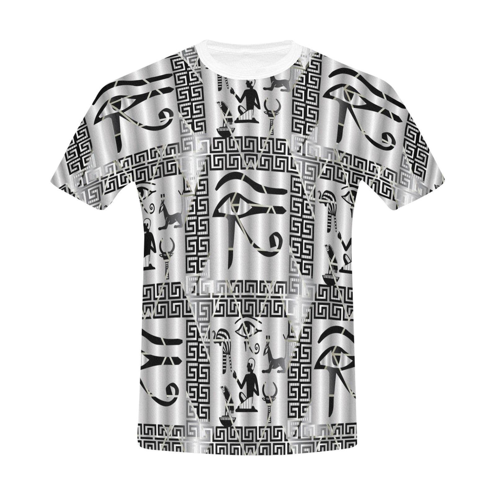 Men's All Over Print T-shirt with Egyptian Eye of Horus pattern and solid color collar. Polyester fabric.