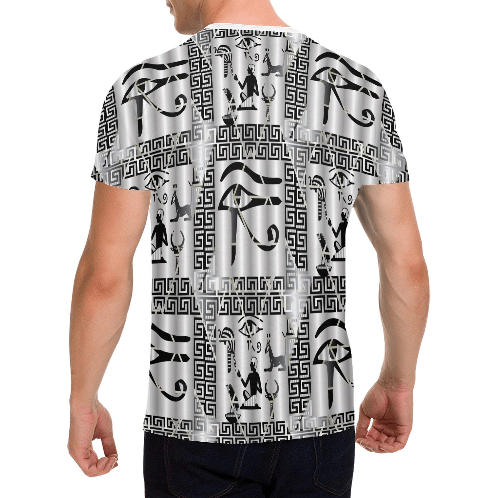 Men's All Over Print T-shirt featuring an Egyptian Eye of Horus pattern, polyester fabric, and solid color collar.