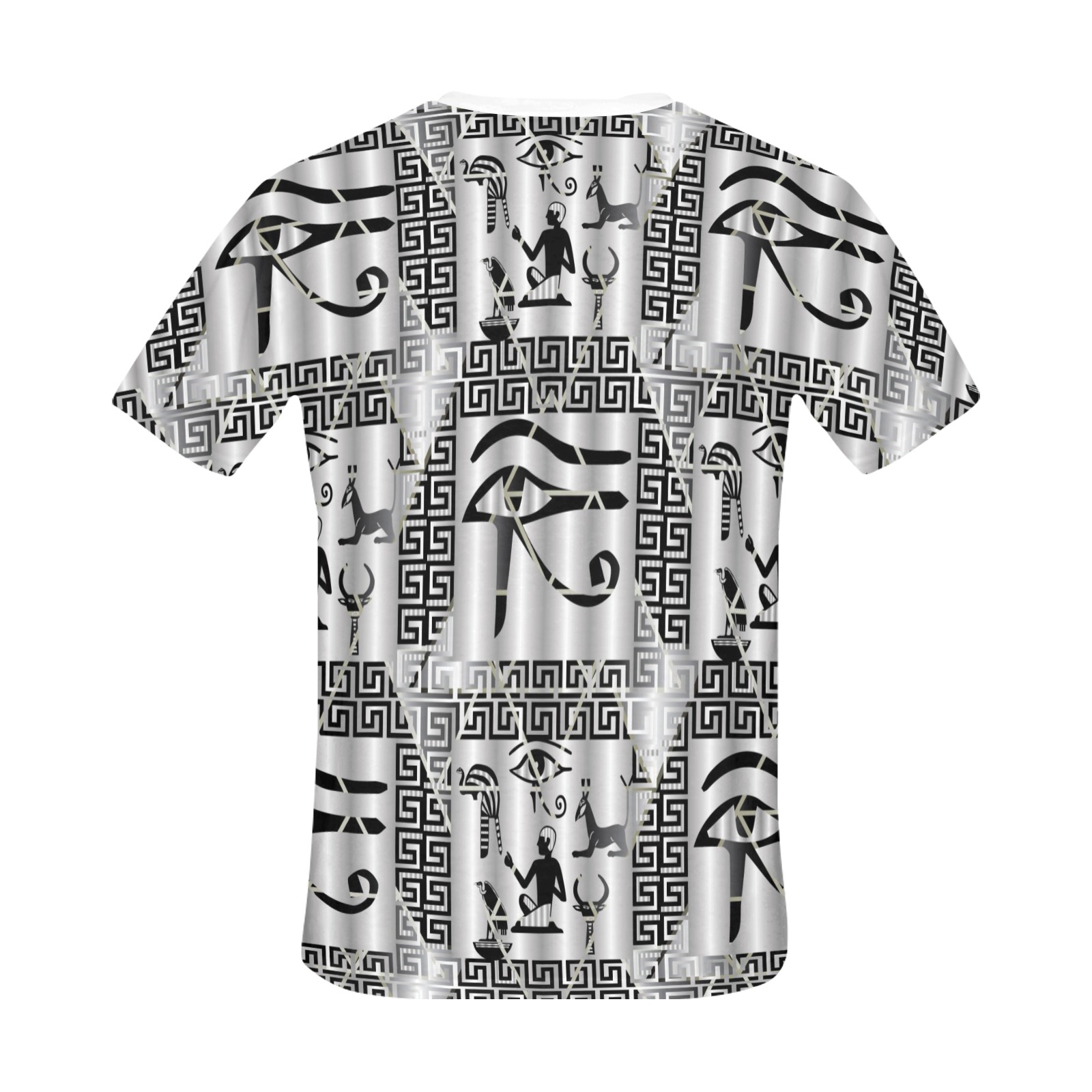 Men's all-over print T-shirt with Eye of Horus pattern in black and white, polyester fabric.