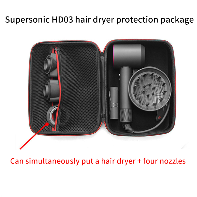 Open case showing the dryer and four nozzles seated in one layout