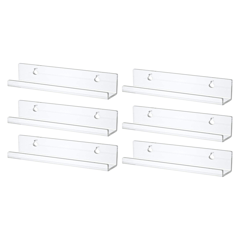 Clear acrylic record wall shelves with pre-drilled mounting holes, sold in a six piece set