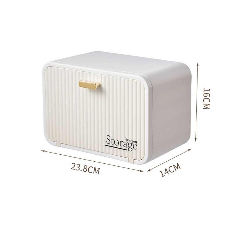 Cream box with solid ribbed door and gold pull handle, front view