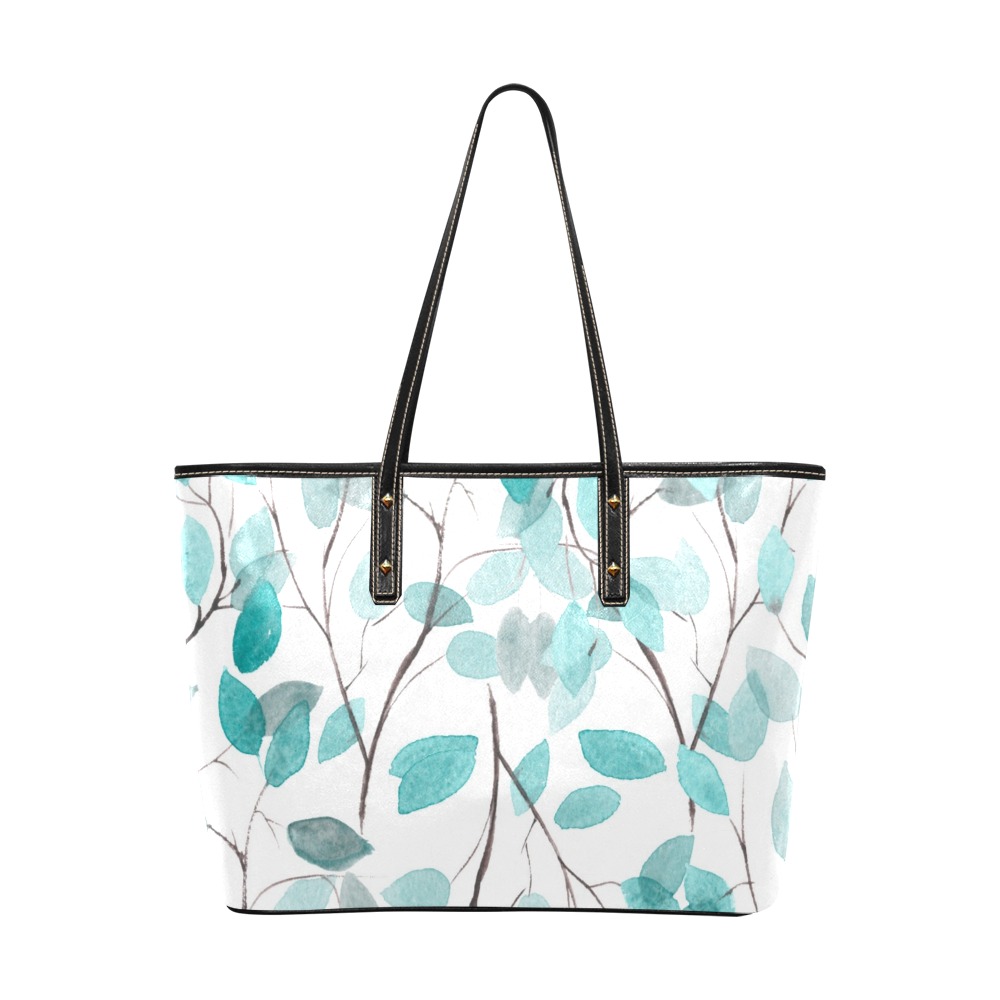 PU Leather Tote Bag with Teal Leaf Print