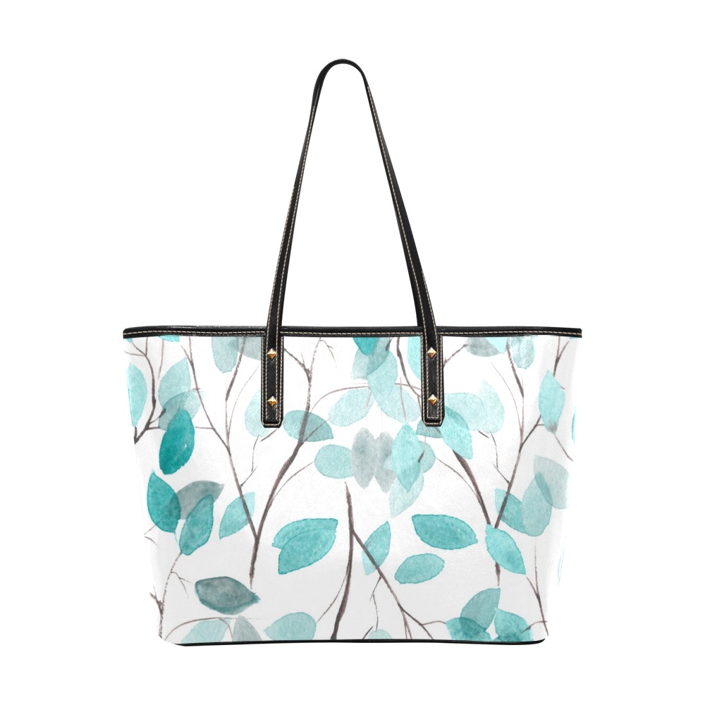 Teal Leaf Print PU Leather Tote Bag for Women