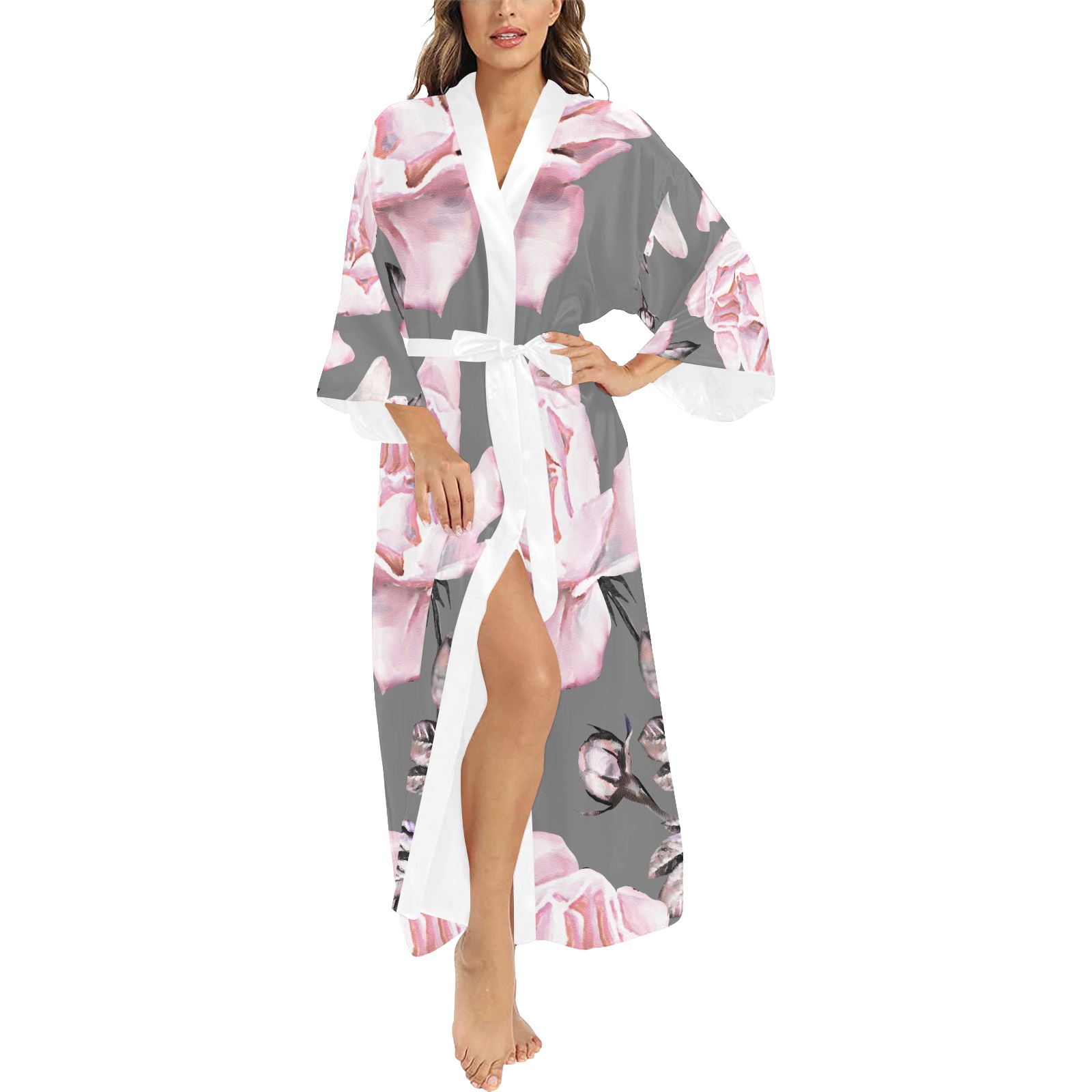 Long Kimono Robe with floral print, grey background, white belt and trim, perfect for home wear.