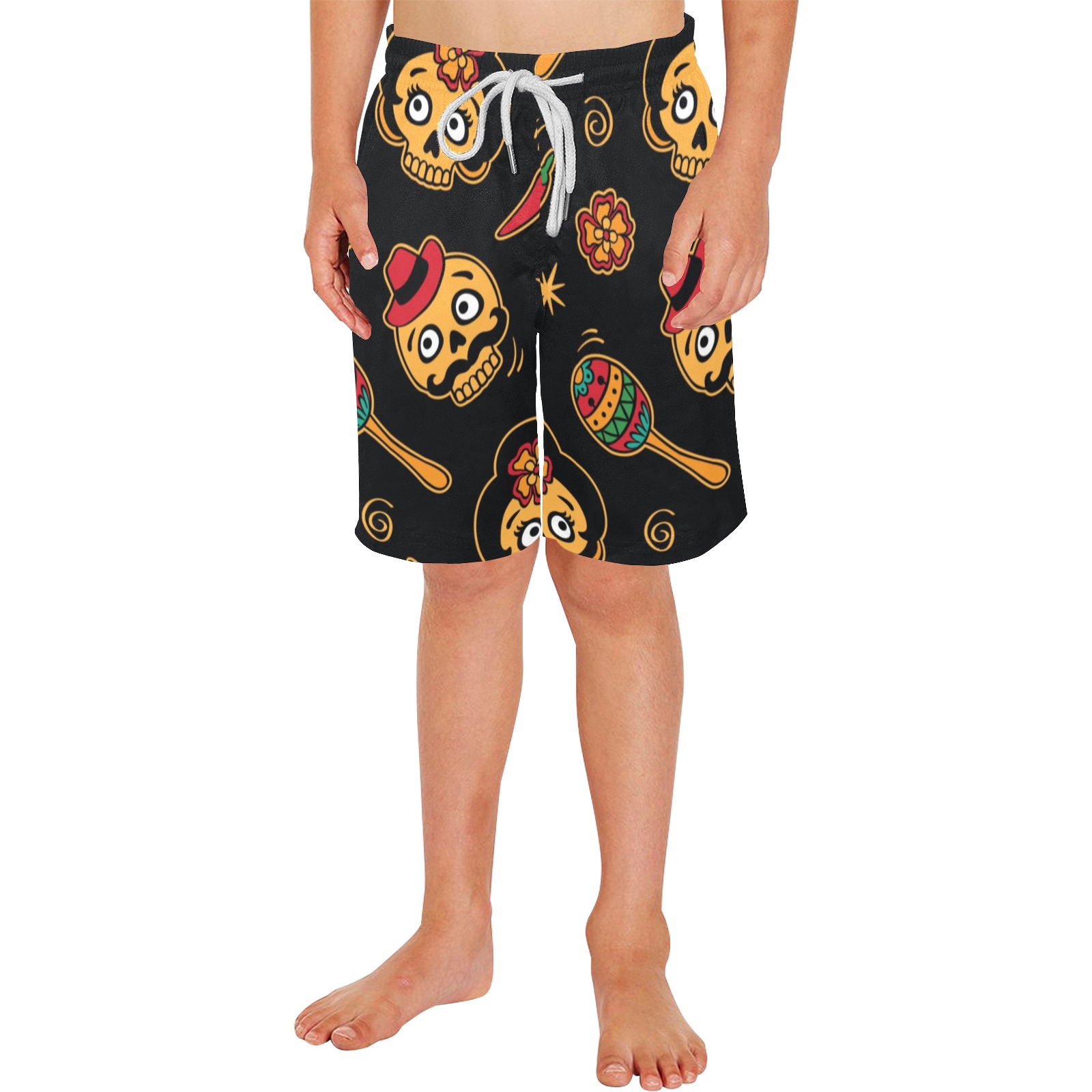 Boys' Casual Beach Shorts (L52) featuring all-over print, elastic waistband, and drawcord, made of polyester.