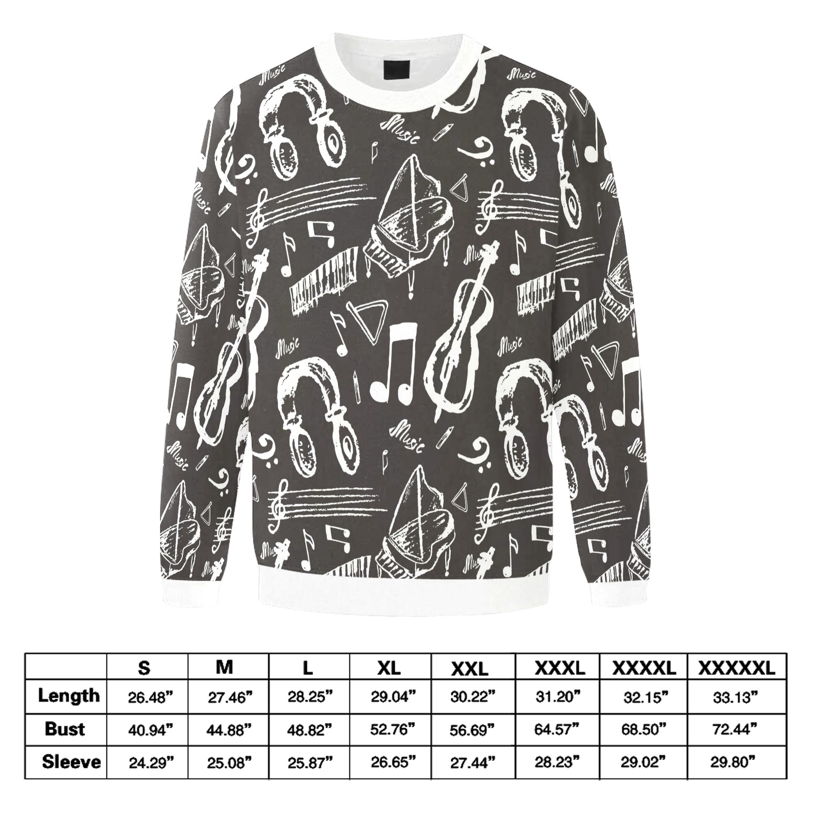 Men's fuzzy sweatshirt featuring a music-themed design in grey and white, with size chart.