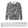 Men's fuzzy sweatshirt featuring a music-themed design in grey and white, with size chart.