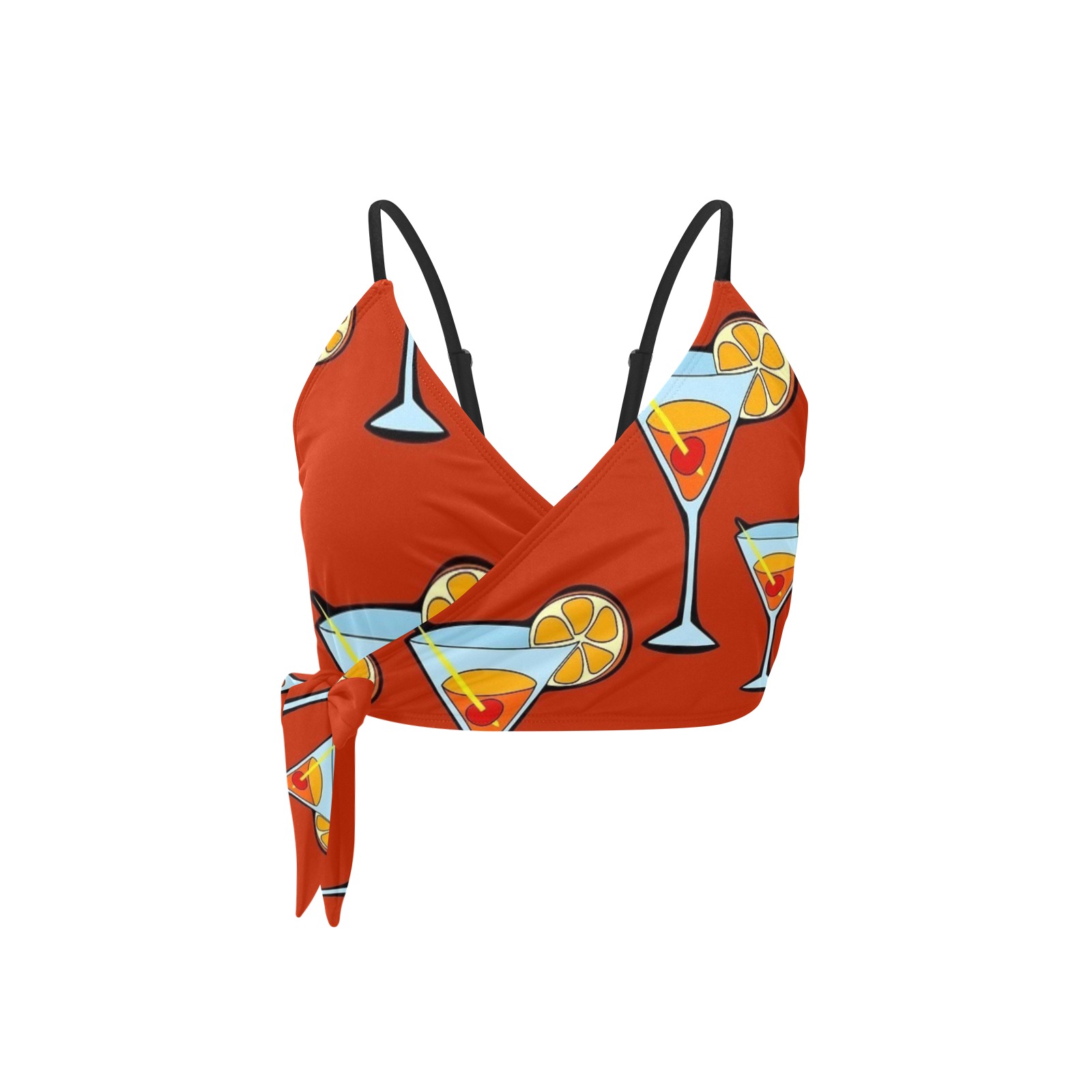 Knot Side Bikini Top (S37) featuring cocktail print, orange and white, beach swimwear
