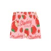 Pink strawberry patterned women's board shorts with "Strawberry is a vibe" text, featuring drawstring waist.