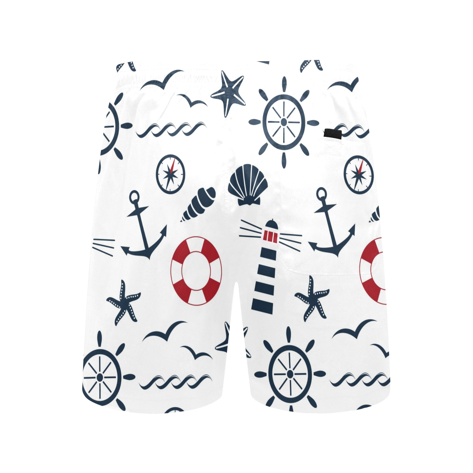 Men's white nautical print mid-length beach shorts with anchor, wheel, and sea elements