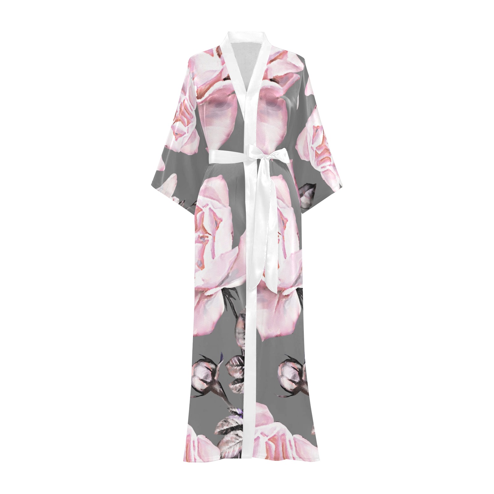 Long floral kimono robe, grey background, white belt, perfect for home wear.