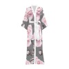 Long floral kimono robe, grey background, white belt, perfect for home wear.