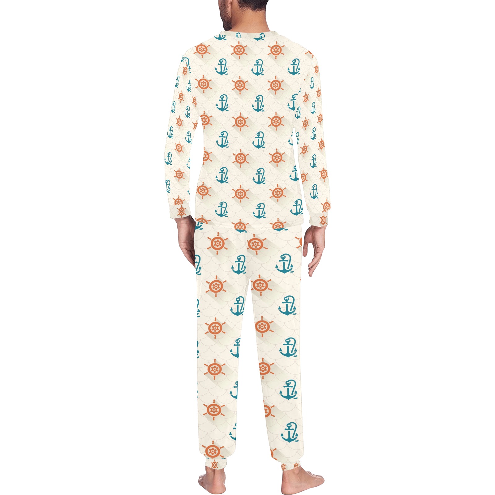 Men's beige polyester pajama set with anchor and flower print, all over design