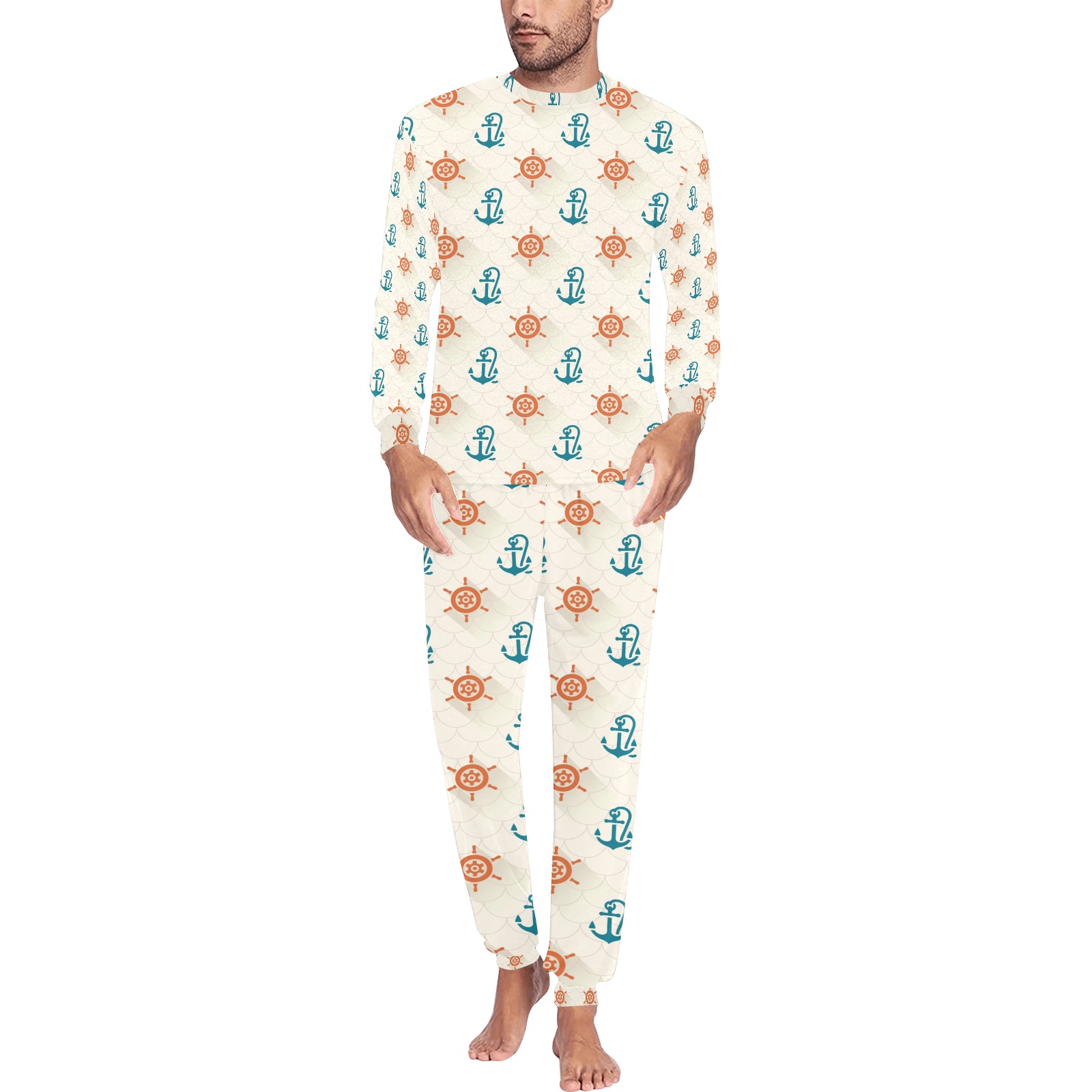 Men's All Over Print Pajama Set (Sets 07) - Beige polyester pajama set with anchor and flower print.