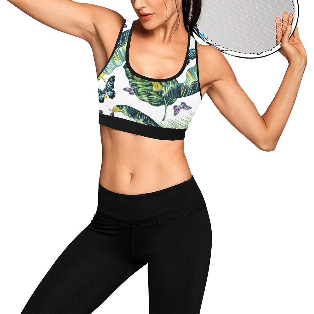 Women's sports bra (Model T52) with leaf print, ideal for yoga and fitness, polyester spandex blend