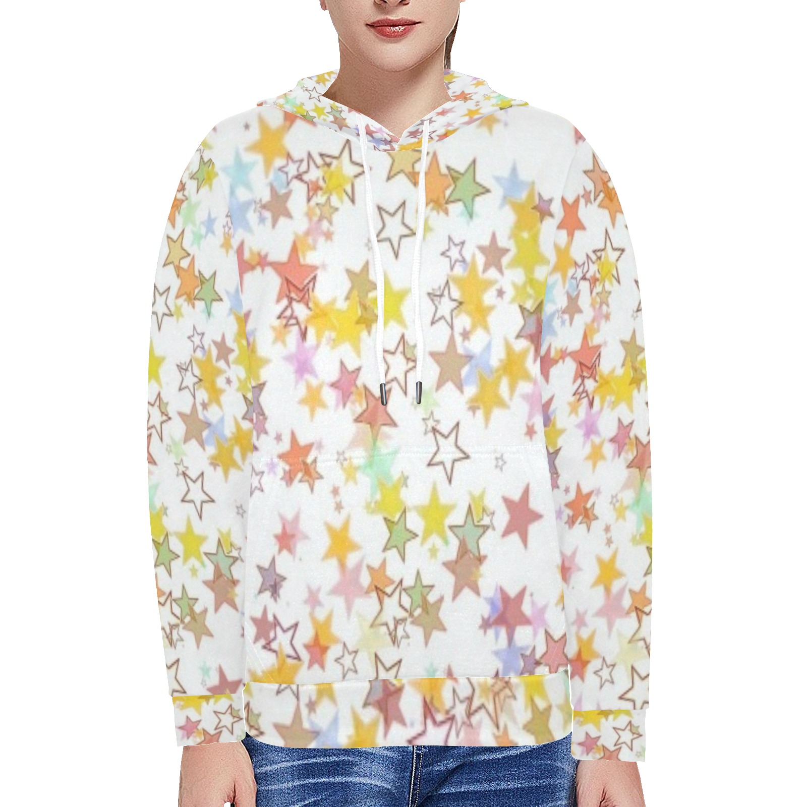 Women's Fleece Hoodie with Colorful Star Pattern
