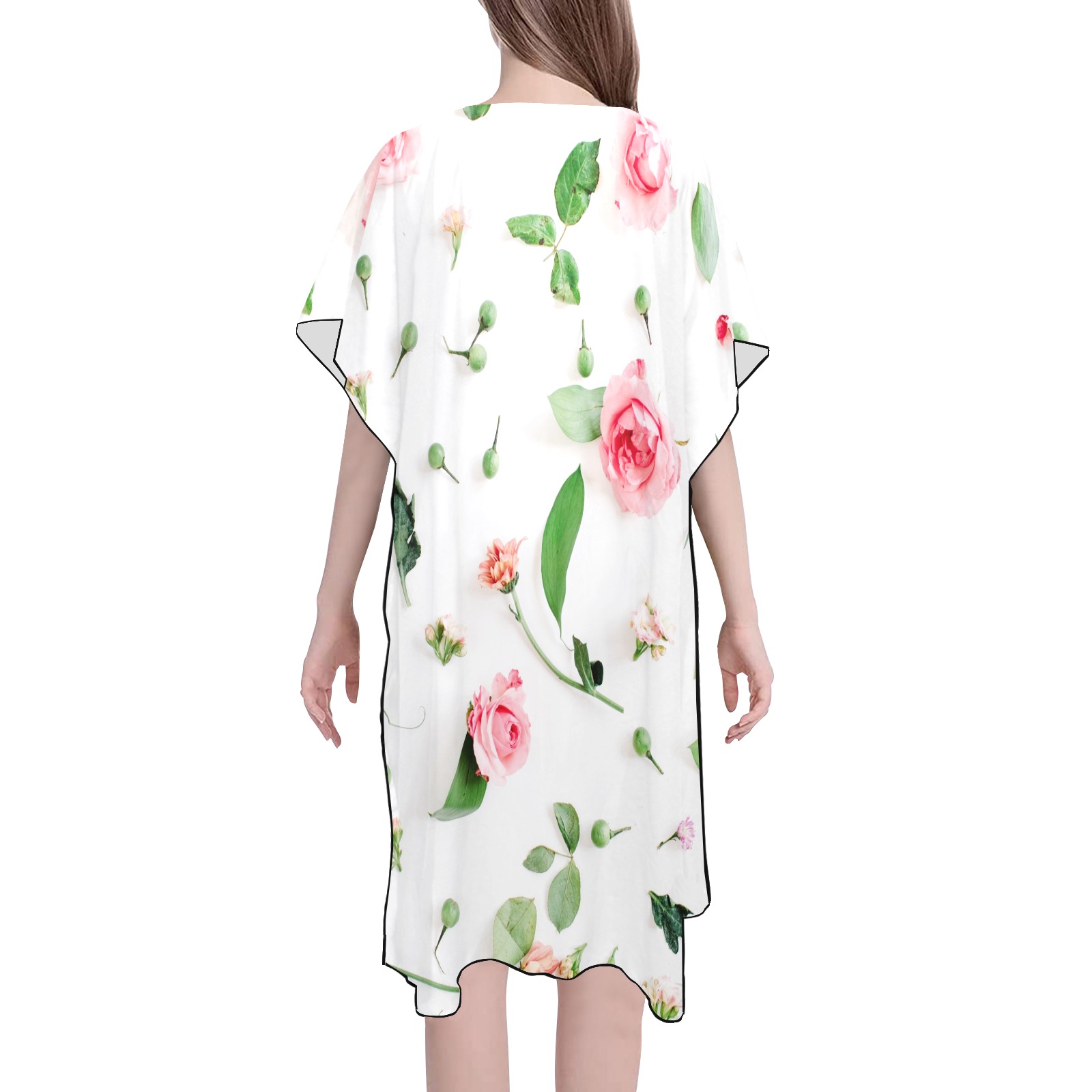 White chiffon cover up with floral print, mid-length side slits, perfect for beach wear.