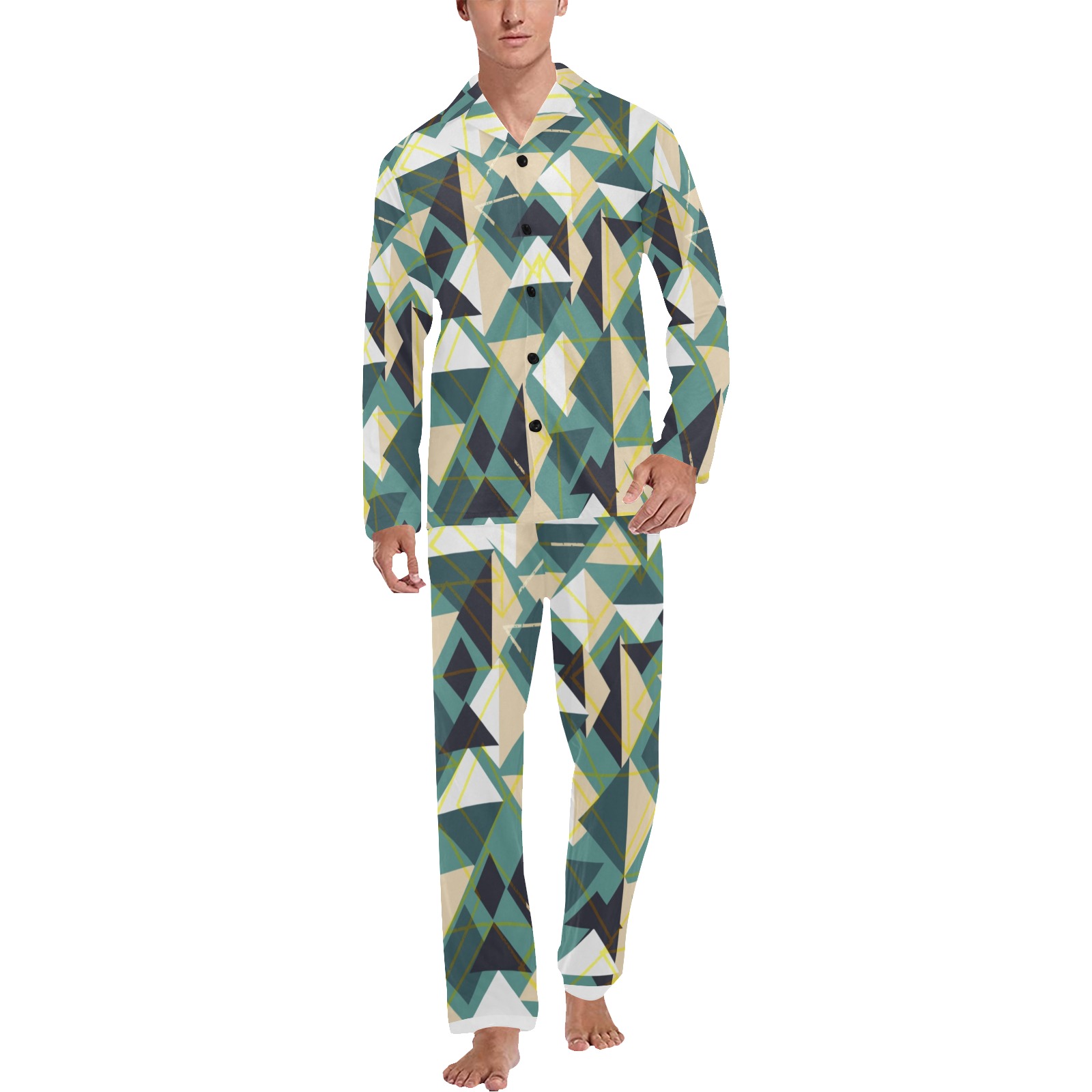 Men's V-Neck Long Pajama Set in a geometric green and white pattern, perfect for comfortable sleepwear.