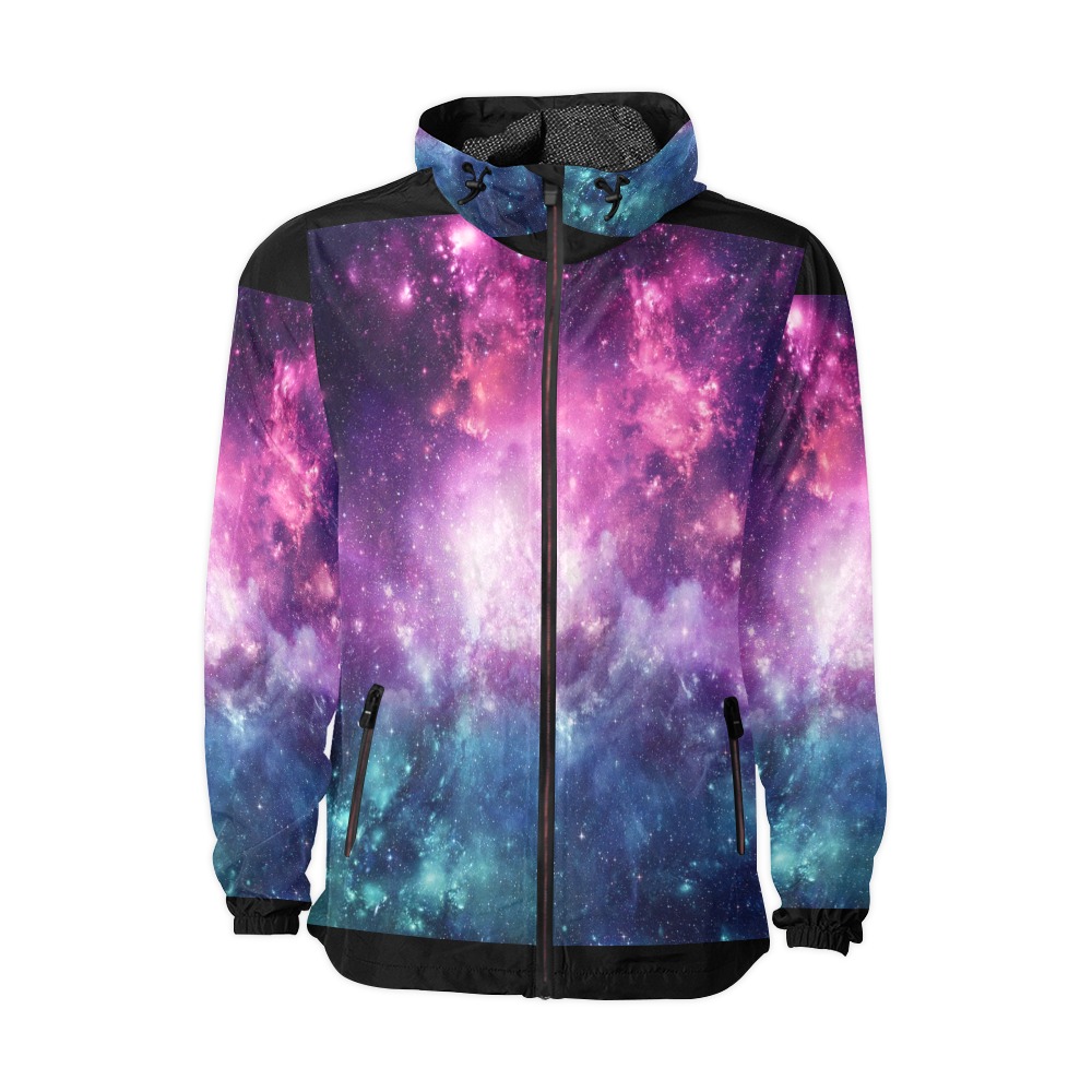 Galaxy Print Hooded Windbreaker (Model H23) - Polyester, unisex, all-over print.