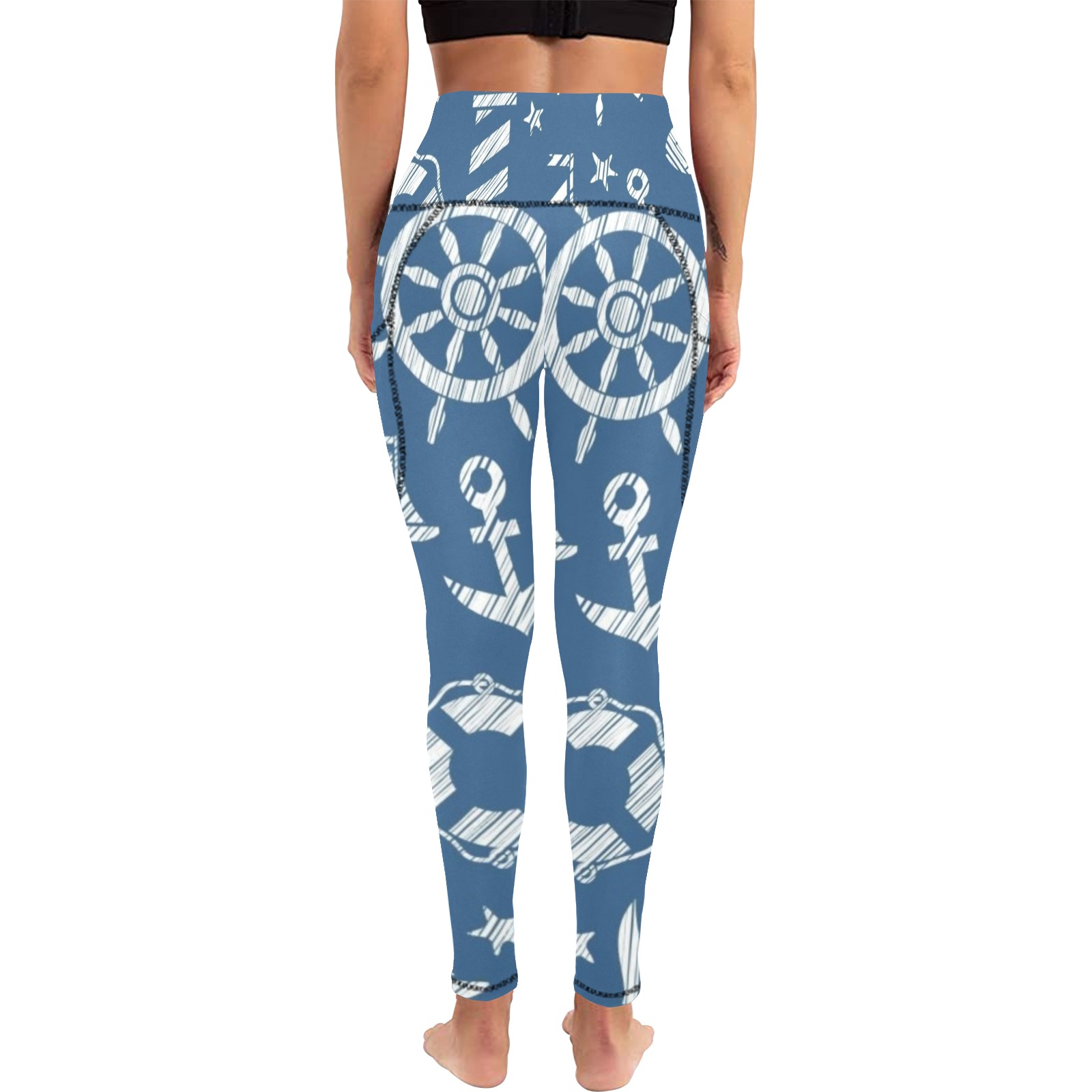 Women's blue leggings with white anchor and sailboat patterns