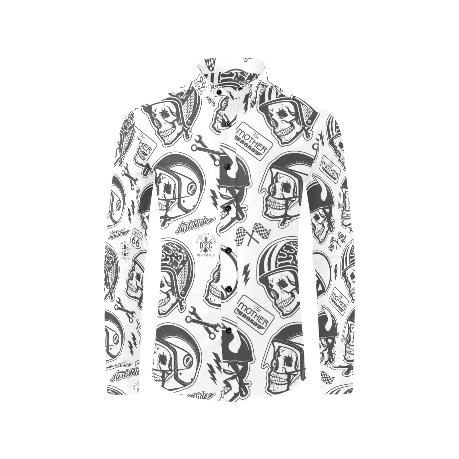 Men's All Over Print Long Sleeve Shirt with Skull Pattern - White Polyester