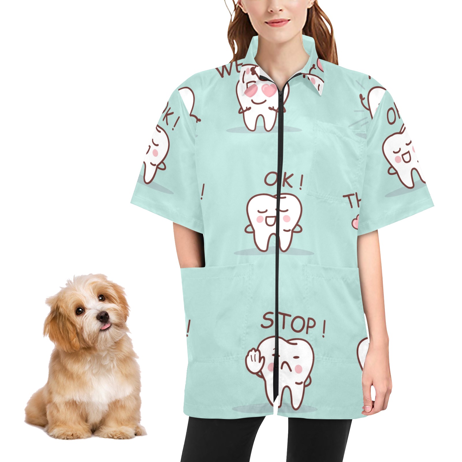 Grooming Jacket (H53) for pet grooming. Turquoise waterproof jacket with tooth pattern, featuring pockets and zip.