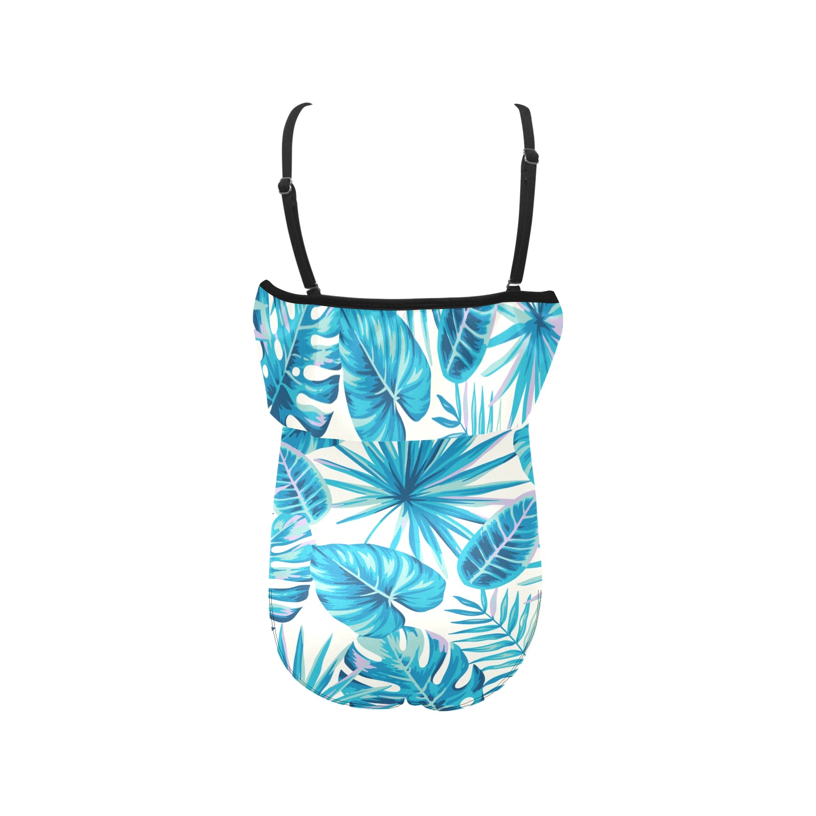 Kids' Spaghetti Strap Ruffle Swimsuit (S26) featuring blue floral pattern, perfect for swimming and beach.