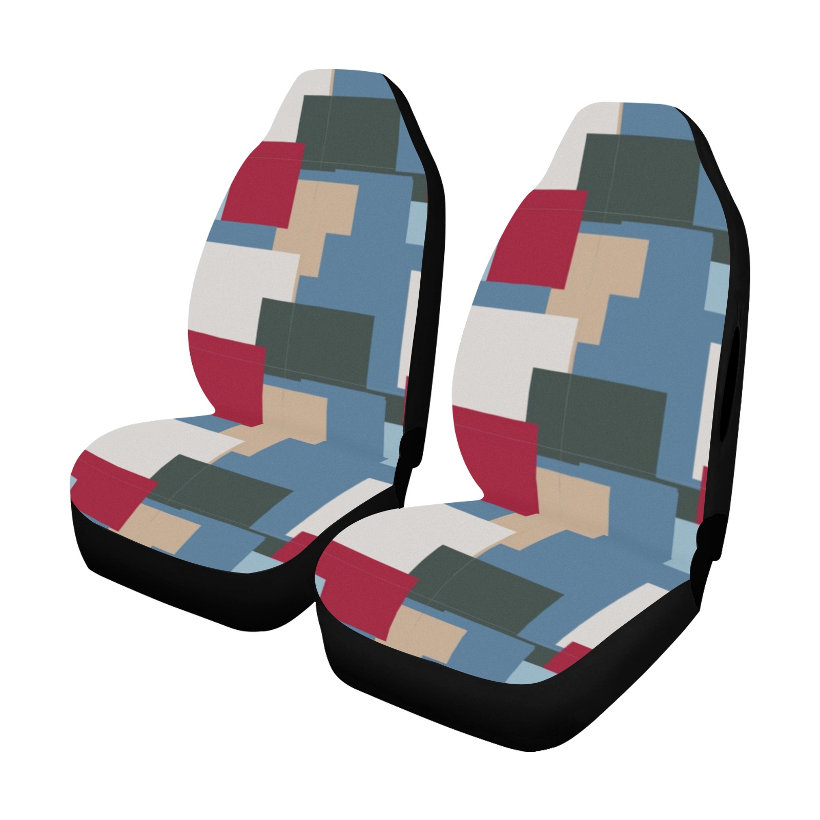 Car seat covers, airbag compatible, featuring a vibrant patchwork design with blue, red, and beige squares.