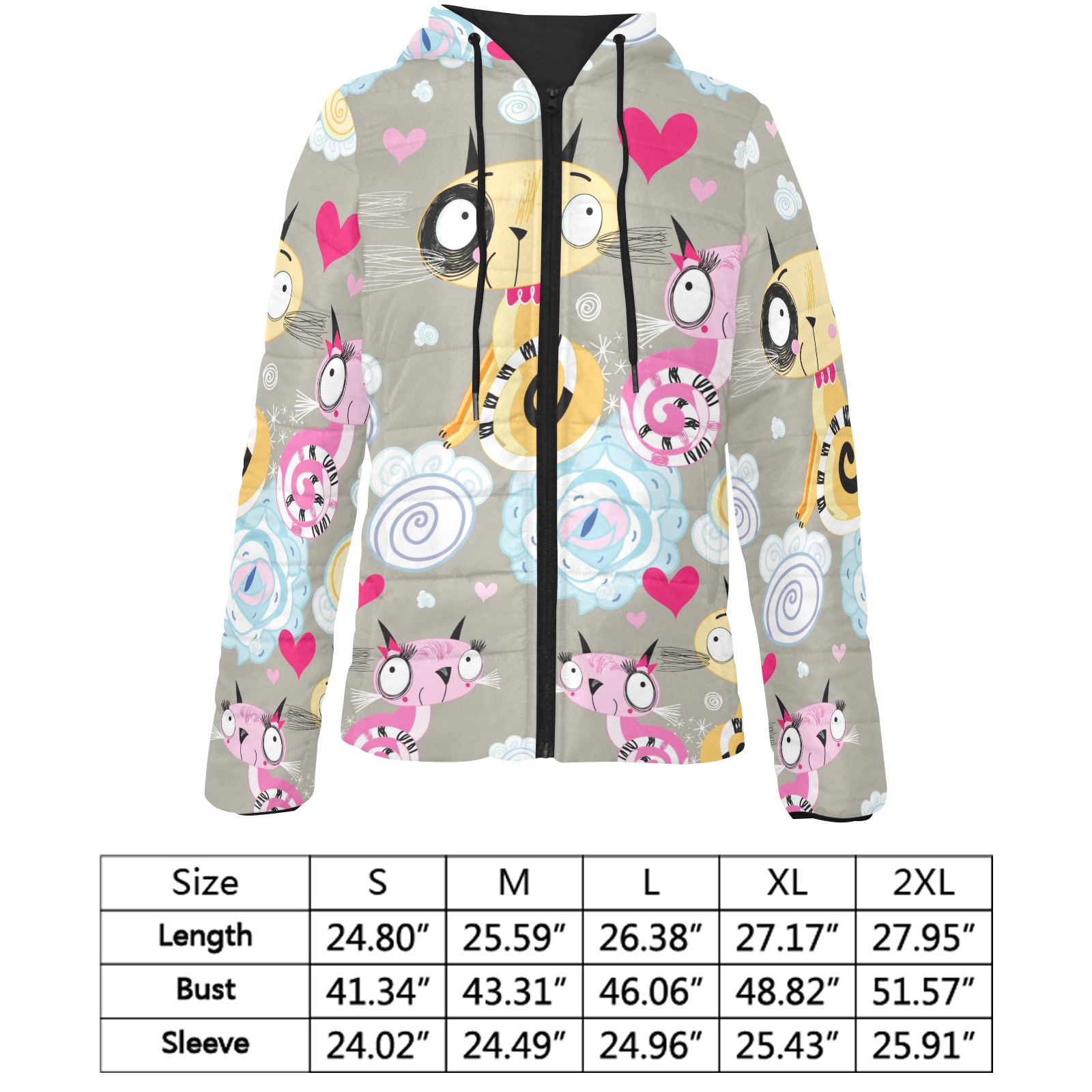 Cartoon print women's padded hooded jacket, zipper, elastic cuffs, polyester, size chart.