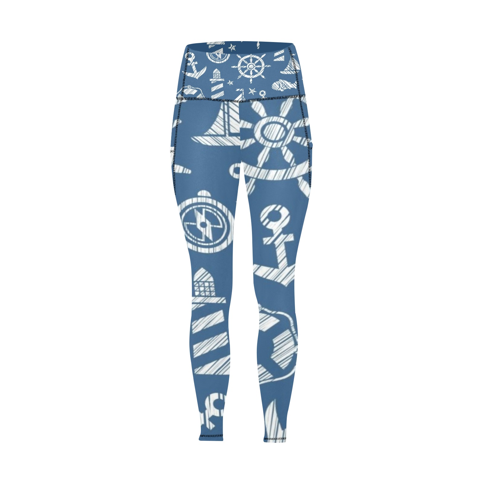 Blue All Over Print Leggings with Pockets featuring nautical patterns for women, yoga pants