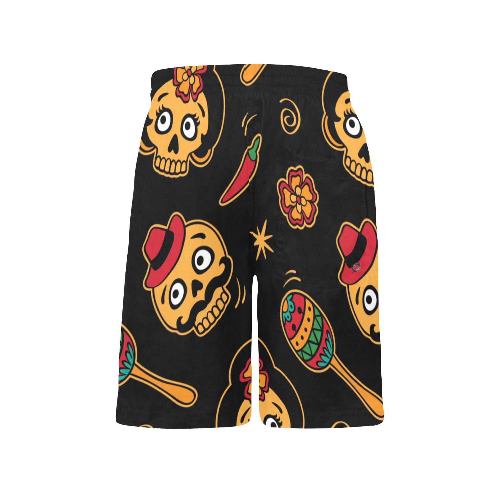Boys' black sugar skull print shorts with elastic waistband and drawcord