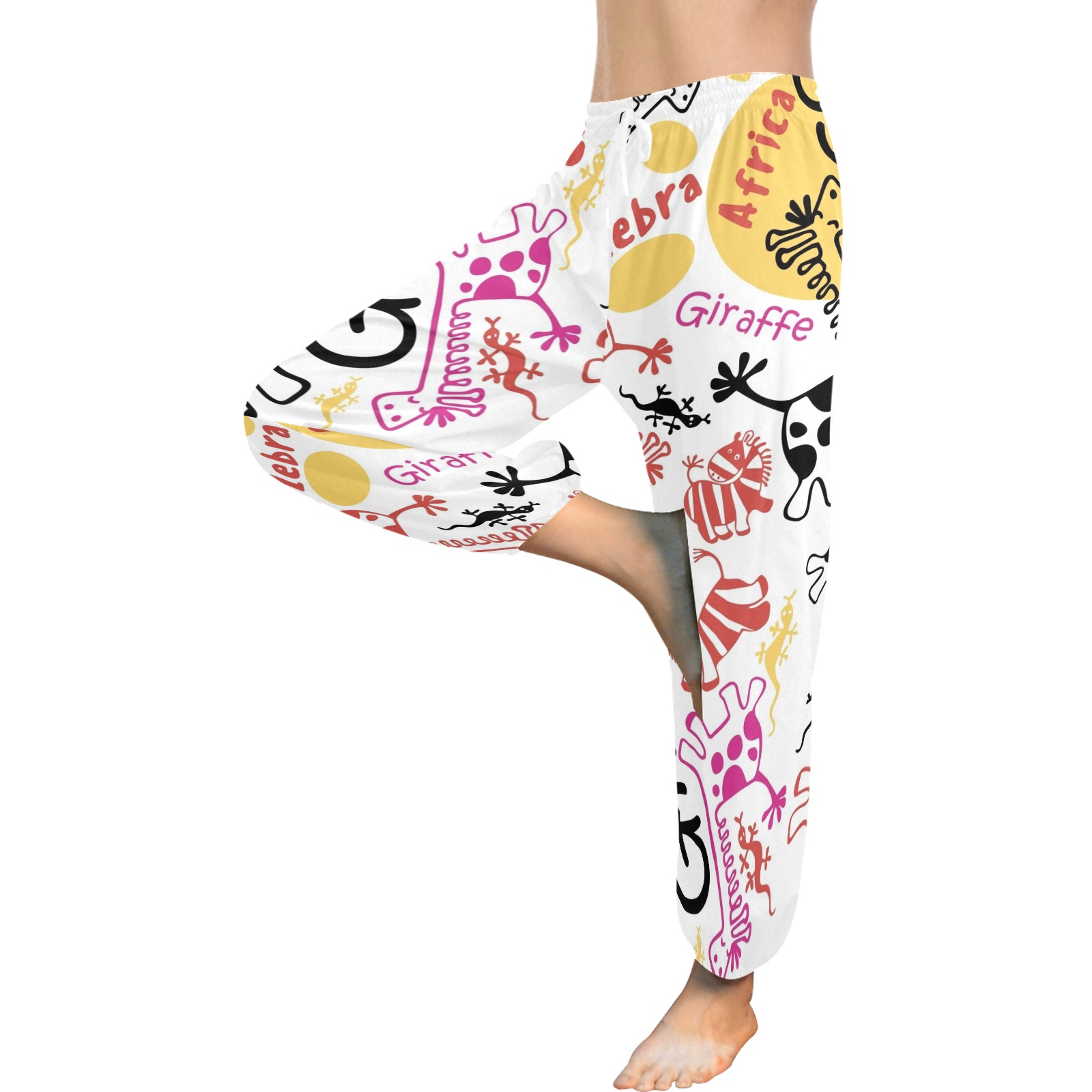 Women's All Over Print Harem Pants (Model L18) featuring a colorful floral and abstract pattern, perfect for casual wear.