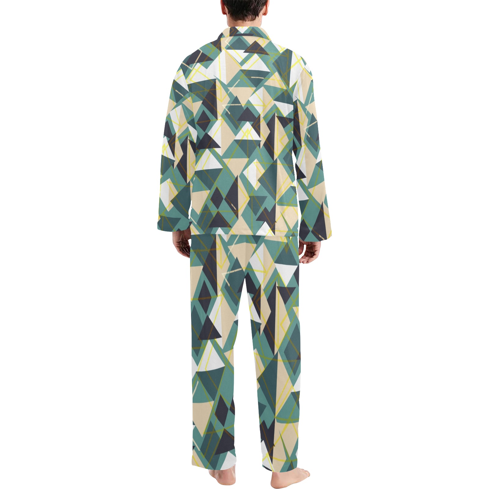 Men's geometric green and white V-neck pajama set, polyester sleepwear for comfort.