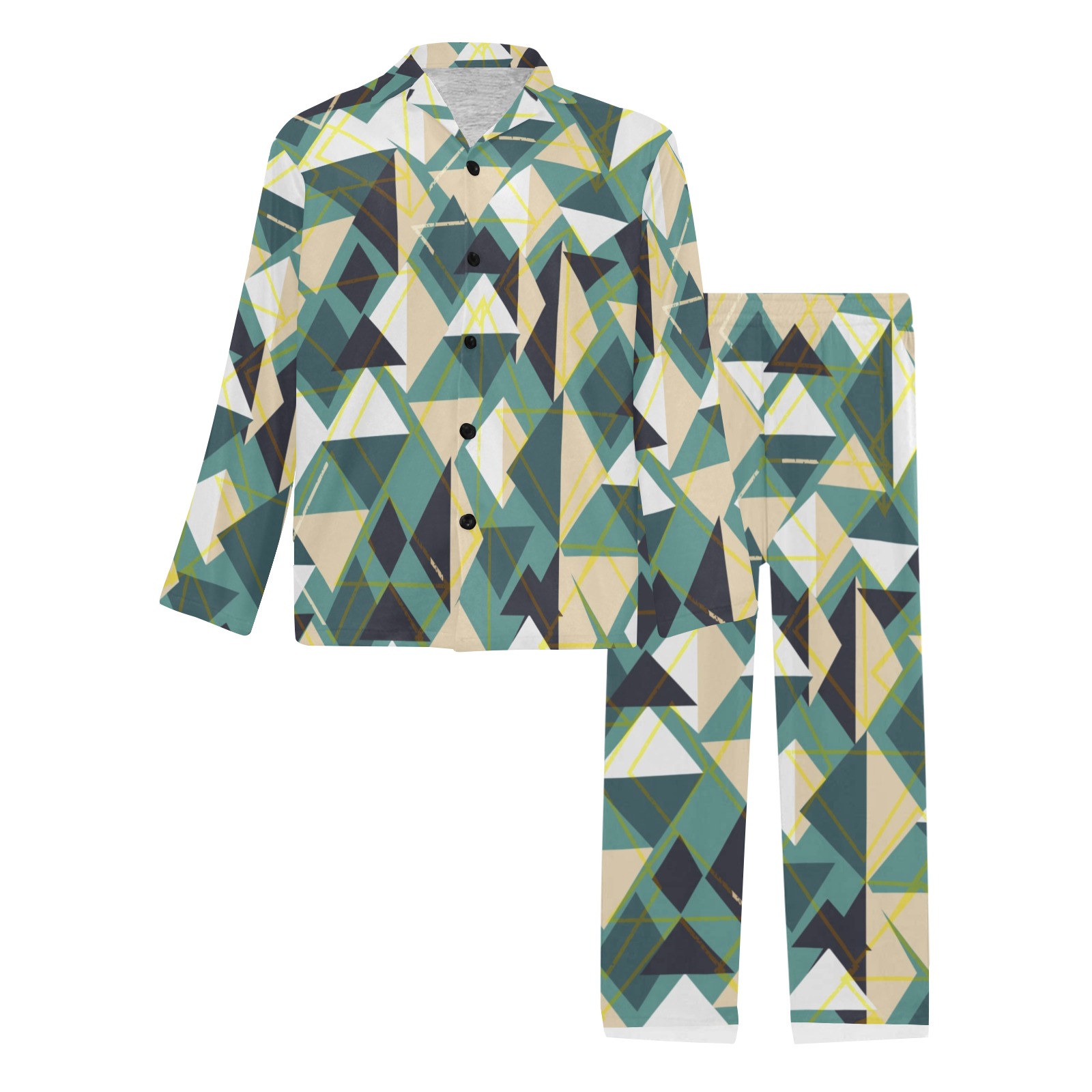 Men's V-Neck Long Pajama Set in geometric green and white pattern, comfortable polyester sleepwear.