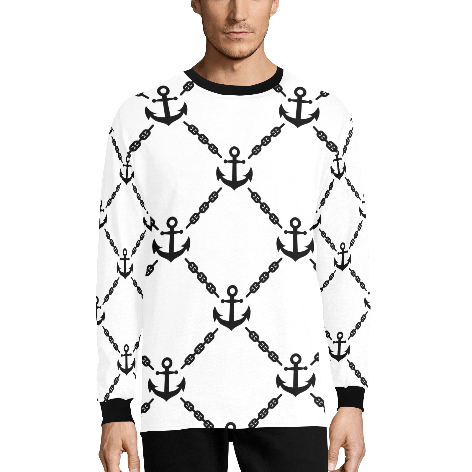 Men's white pajama top featuring black anchor pattern. 100% polyester, with black collar and cuffs.
