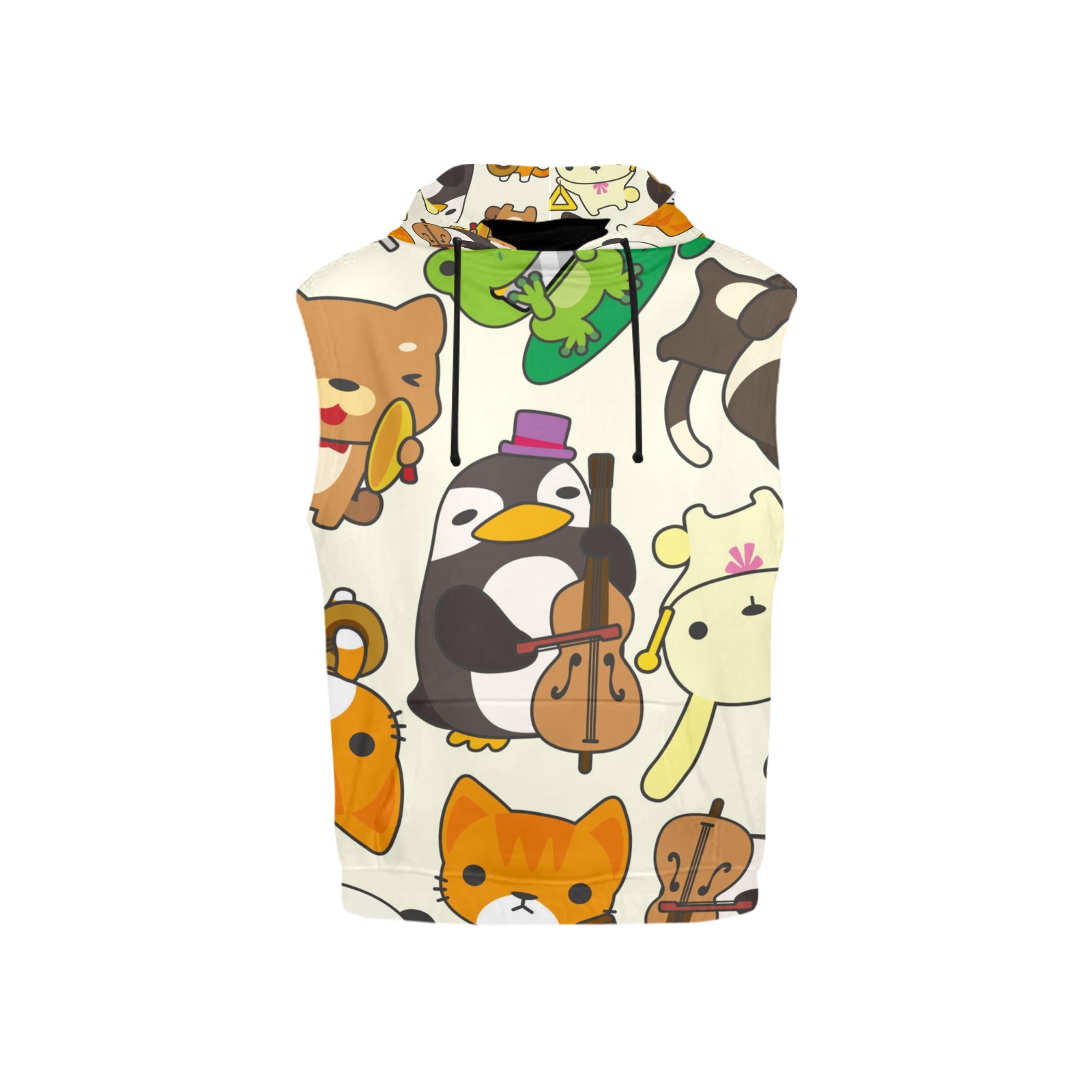 Kid's sleeveless hoodie featuring a playful all-over print with cartoon animals
