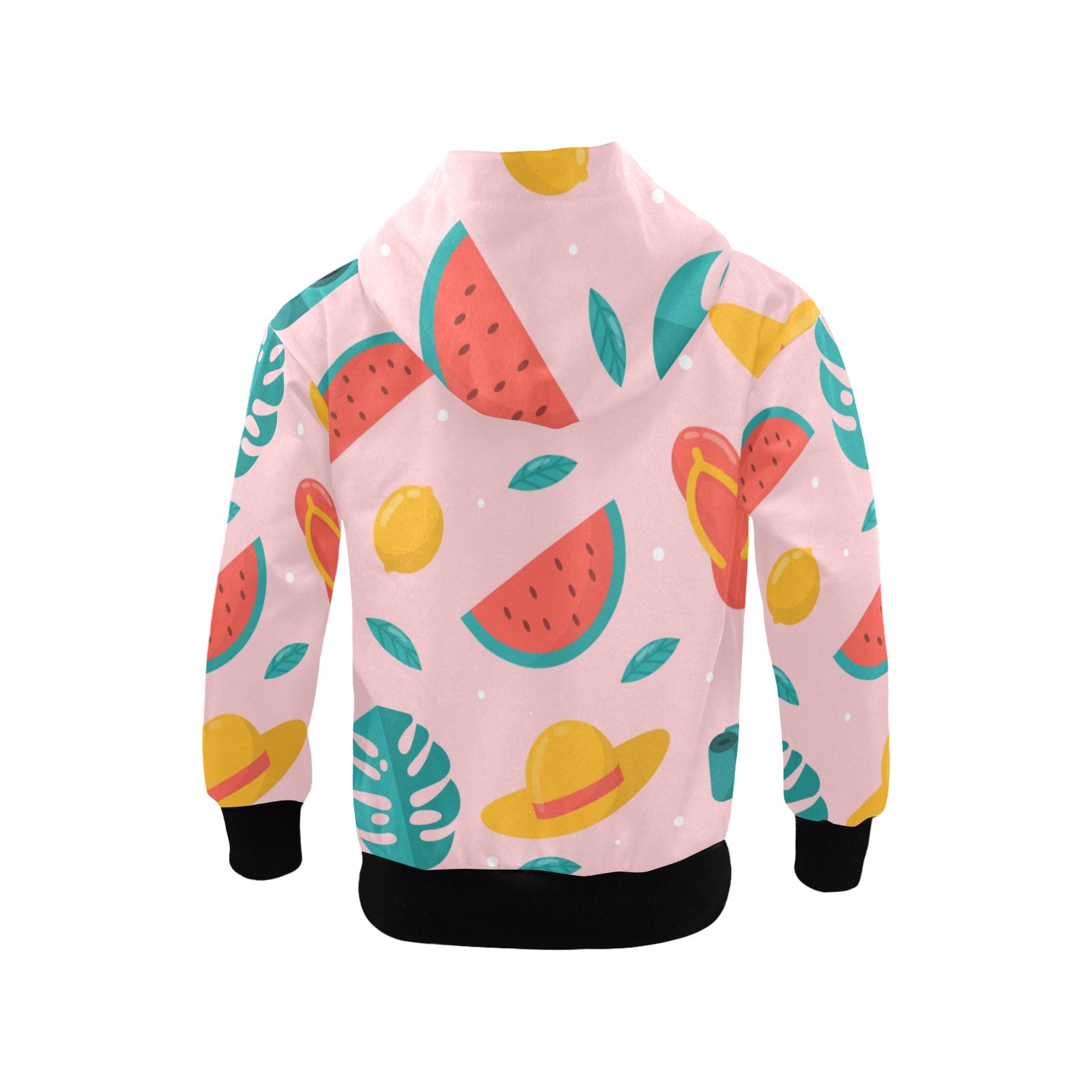 Girls' Fruit Pattern Hoodie (H58) - Back View, Pink. Zip, Pocket, Elastic Cuffs.