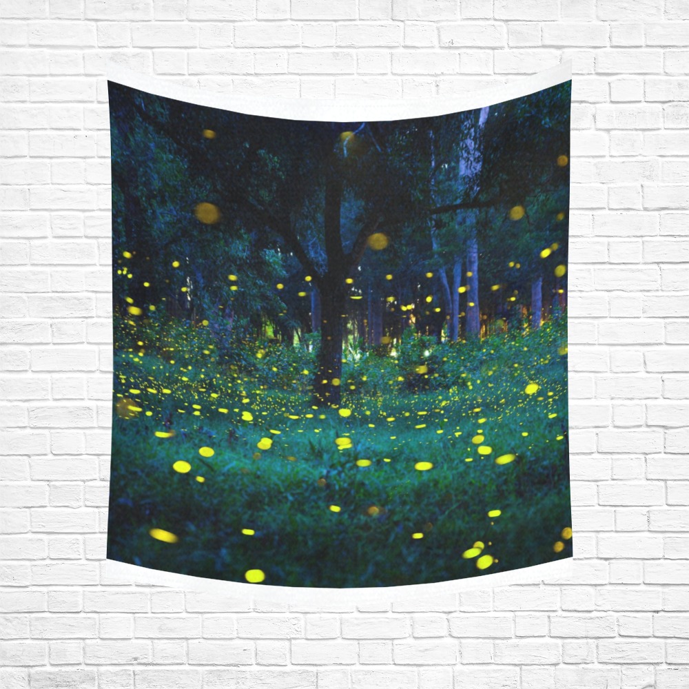 Polyester wall tapestry with a luminous forest scene featuring fireflies, perfect for wall decor