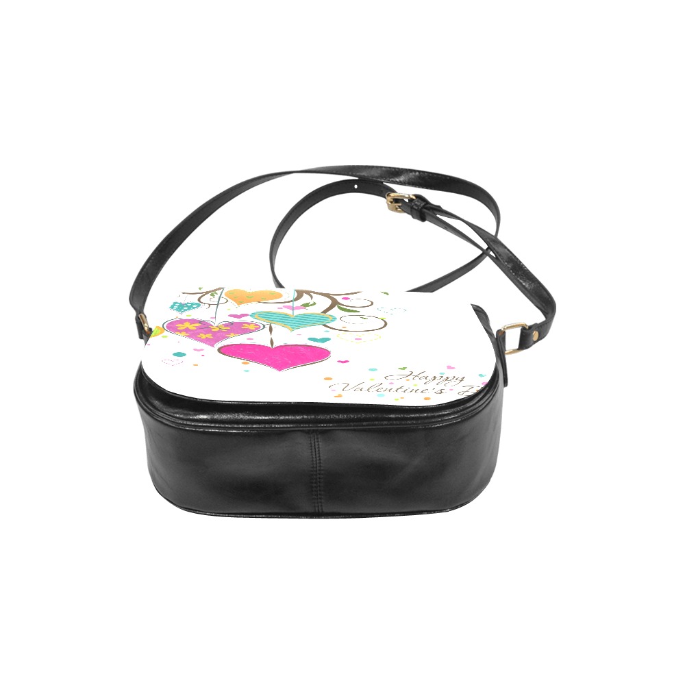 Classic Saddle Bag for Women, made of black PU leather with a white flap featuring a heart-themed design. Adjustable strap.