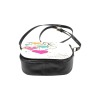 Classic Saddle Bag for Women, made of black PU leather with a white flap featuring a heart-themed design. Adjustable strap.